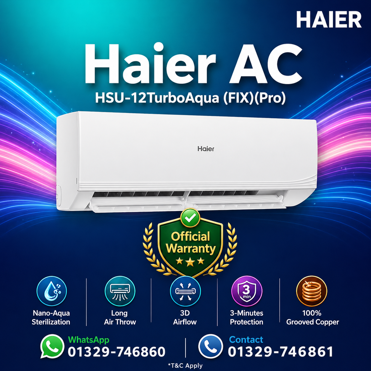 Haier 1.0 Ton Aquacool Non-Inverter Air Conditioner [HSU-12TurboAqua(FIX)(Pro)]