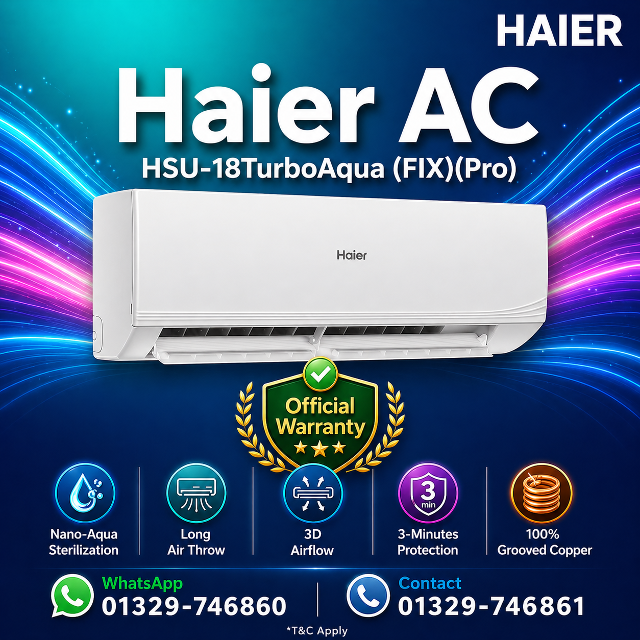 Haier 1.5 Ton Aquacool Non-Inverter Air Conditioner [HSU-18TurboAqua (FIX)(Pro)]