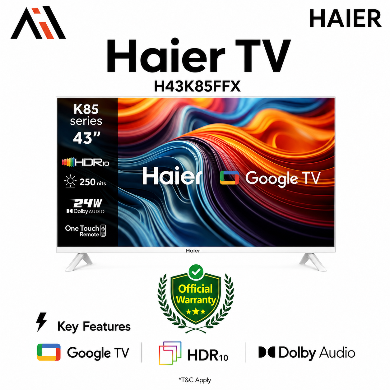 Haier 43 Inch FHD Bezel-Less Google TV (H43K85FFX)