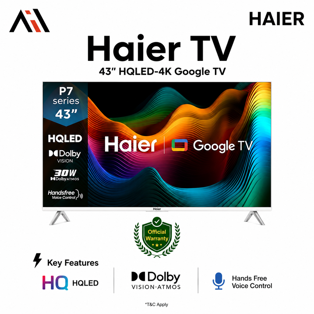 Haier 43 Inch Bezel-Less HQLED 4K UHD Google TV (H43P7UX)