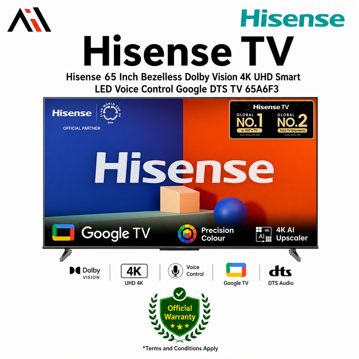 Hisense 65 Inch Bezelless Dolby Vision 4K UHD Smart LED Voice Control Google DTS TV 65A6F3