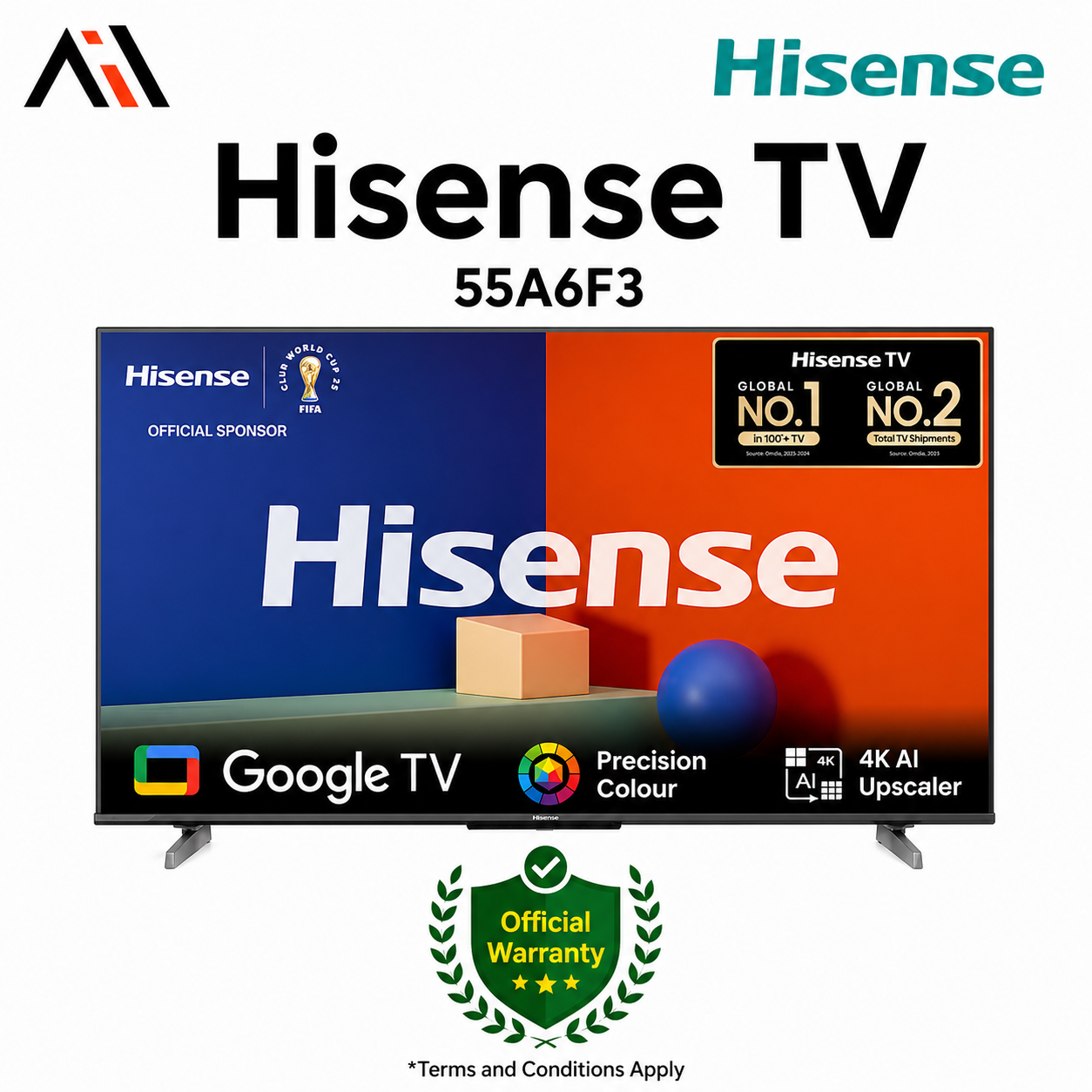 Hisense 55 Inch Bezelless Dolby Vision 4K UHD Smart LED Voice Control Google DTS TV 55A6F3
