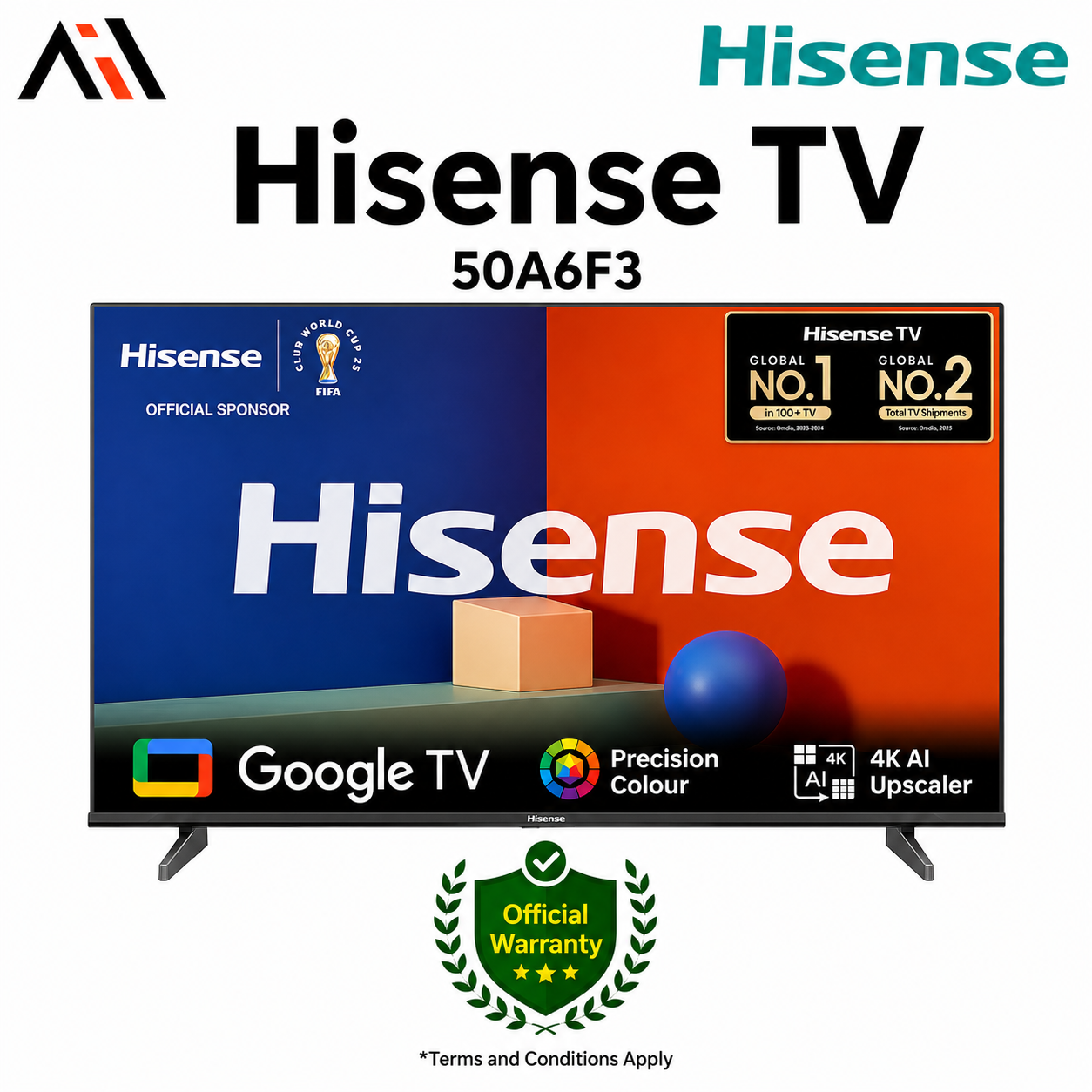 Hisense 50 Inch Bezelless Dolby Vision 4K UHD Smart LED Voice Control Google DTS TV 50A6F3